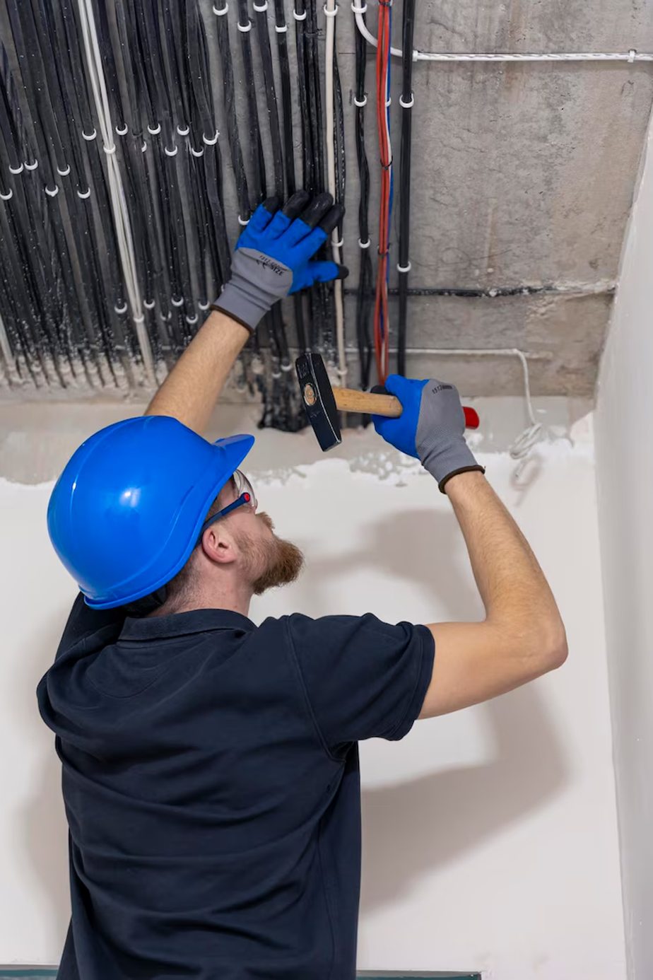 Hombre con martillo instalando tubos para cables